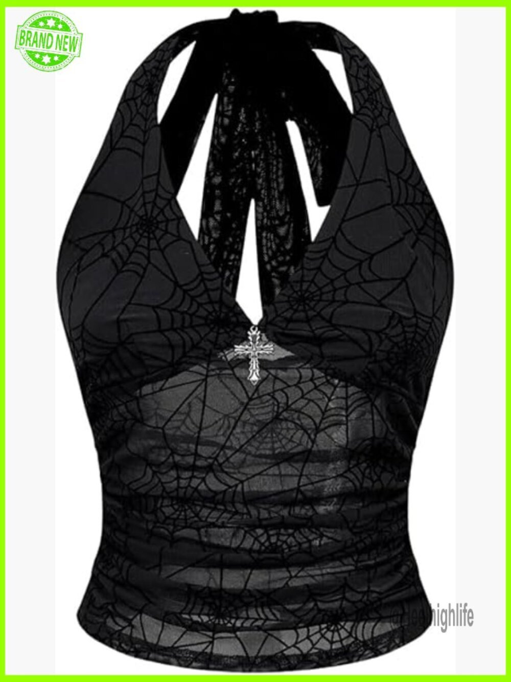 Mesh Halter Top with Sheer Backless Design, V-Neck, Slim Fit